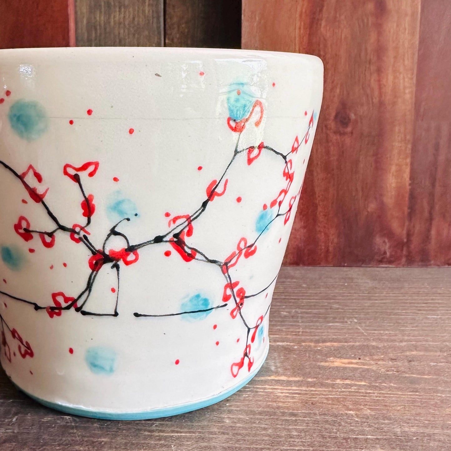 Ceramic Planter Pottery Handmade Cherry Blossom Red Flower Turquoise M2560