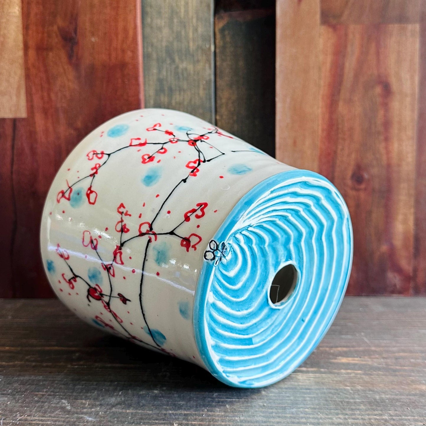 Ceramic Planter Pottery Handmade Cherry Blossom Red Flower Turquoise M2560