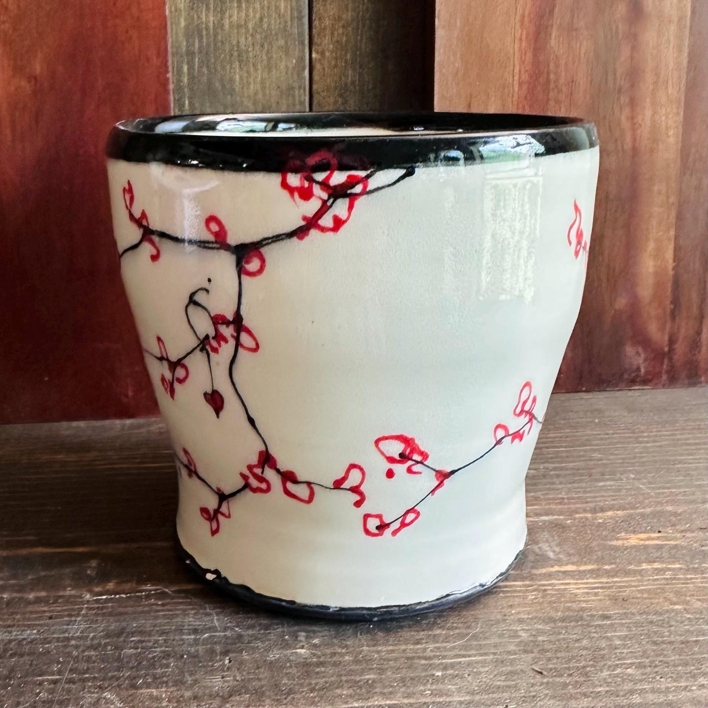 Ceramic Planter Pottery Handmade Cherry Blossom Red Flower M2561