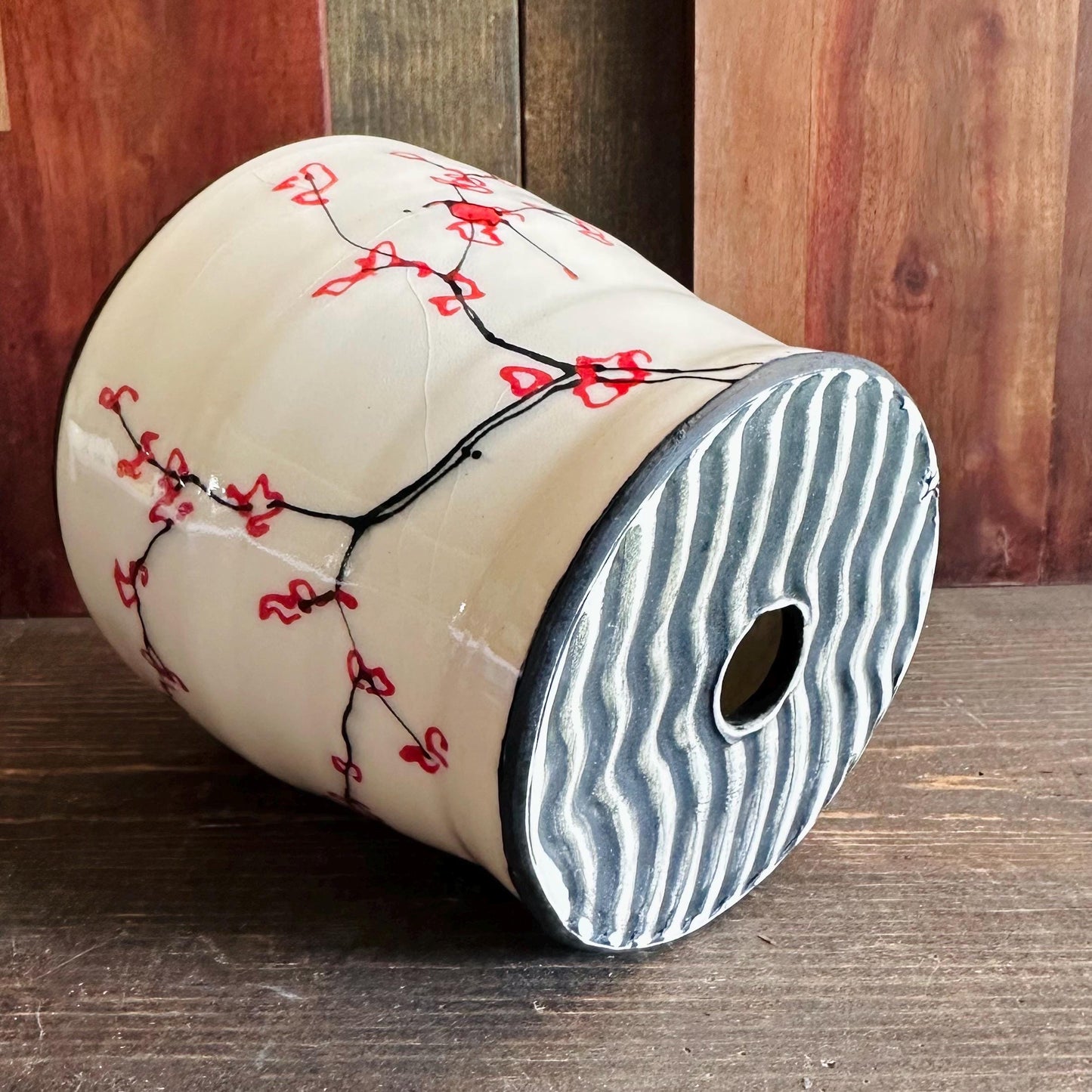 Ceramic Planter Pottery Handmade Cherry Blossom Red Flower M2561