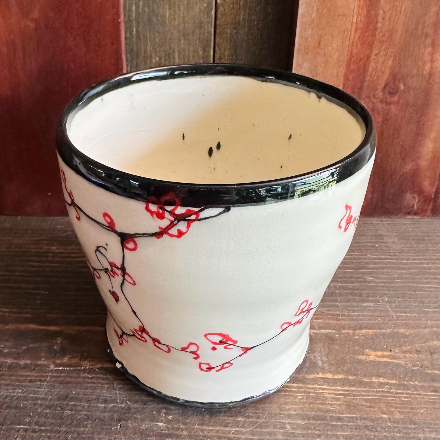 Ceramic Planter Pottery Handmade Cherry Blossom Red Flower M2561