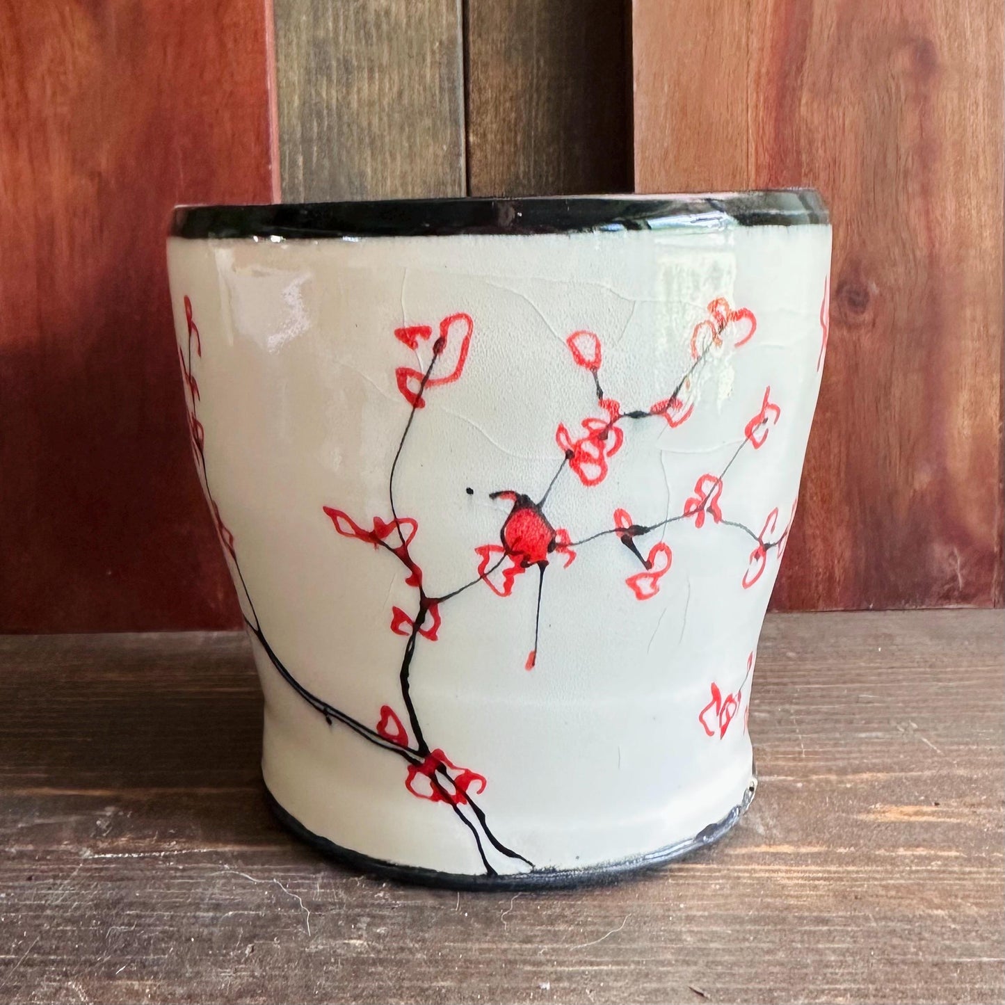 Ceramic Planter Pottery Handmade Cherry Blossom Red Flower M2561
