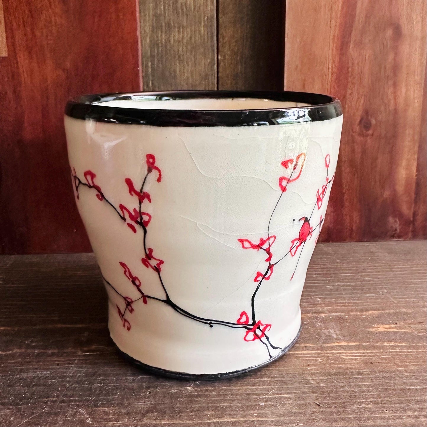 Ceramic Planter Pottery Handmade Cherry Blossom Red Flower M2561