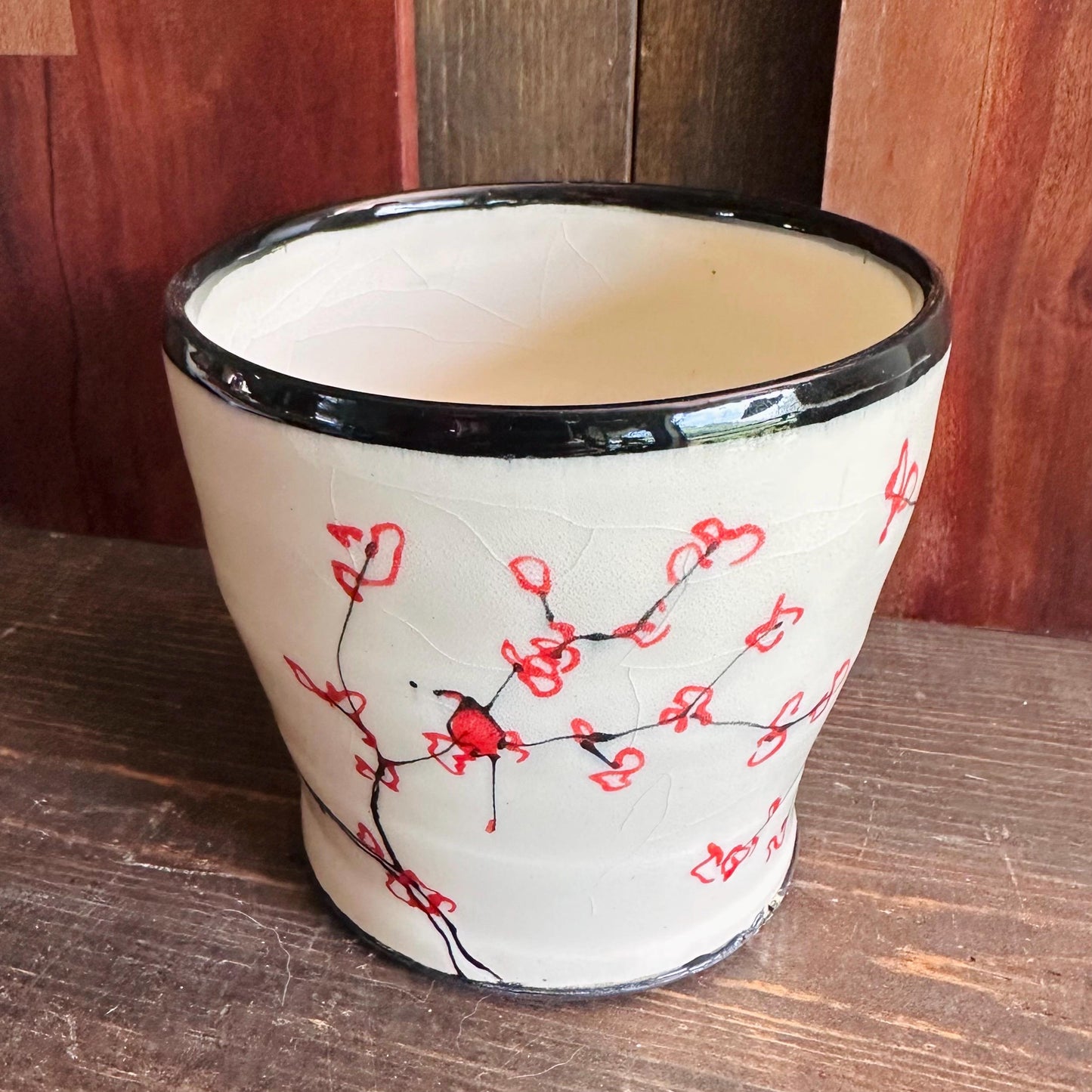 Ceramic Planter Pottery Handmade Cherry Blossom Red Flower M2561