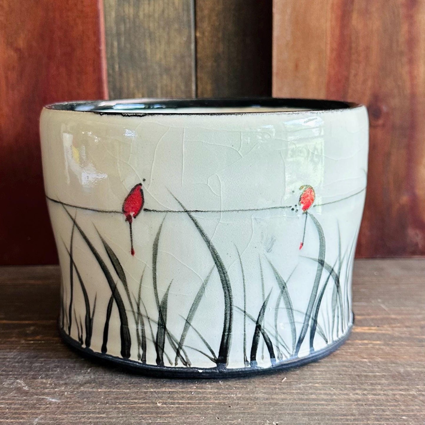 Ceramic Planter Pottery Handmade Bird on a Wire Prairie Grass M2562