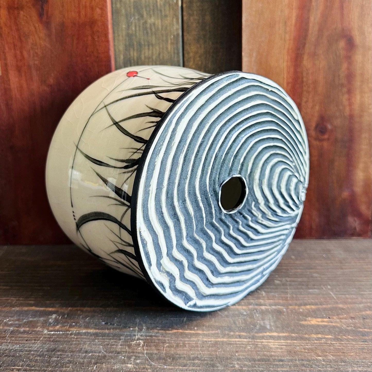 Ceramic Planter Pottery Handmade Bird on a Wire Prairie Grass M2562