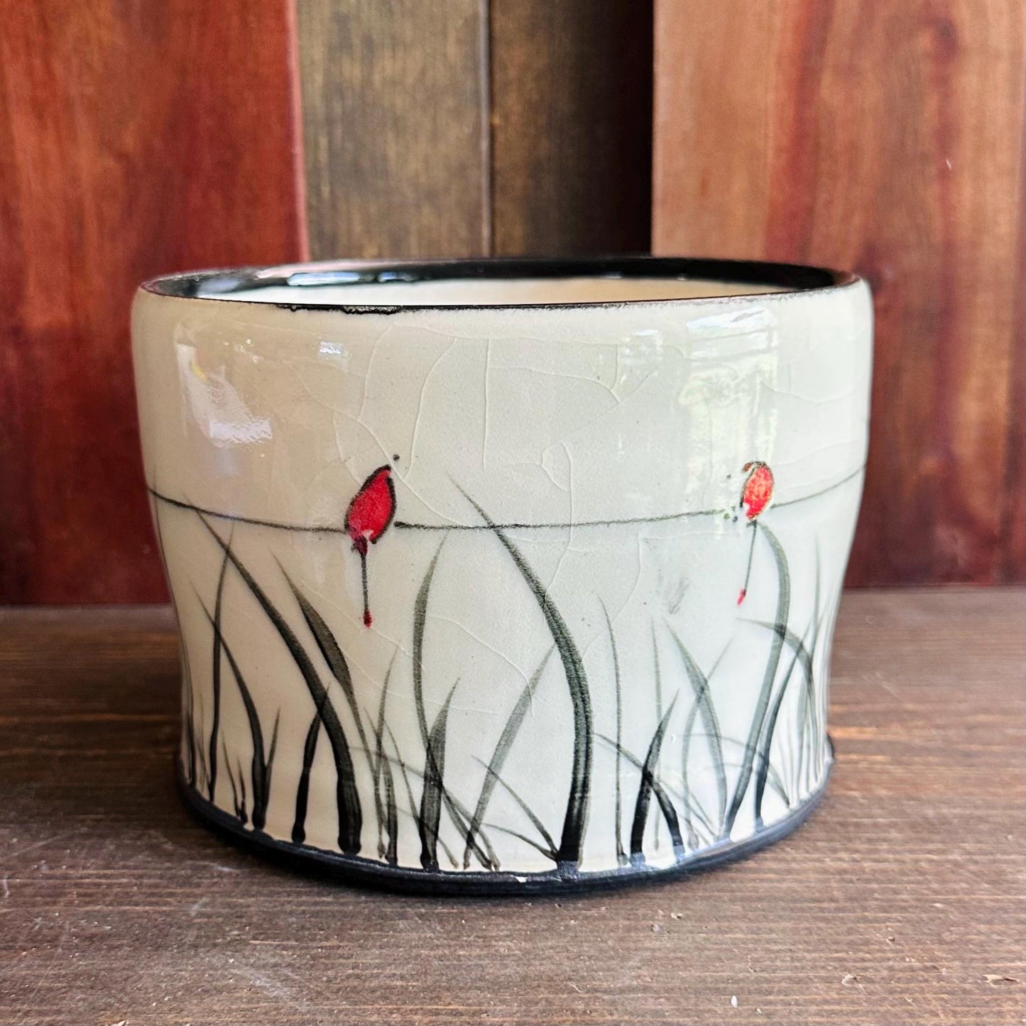 Ceramic Planter Pottery Handmade Bird on a Wire Prairie Grass M2562