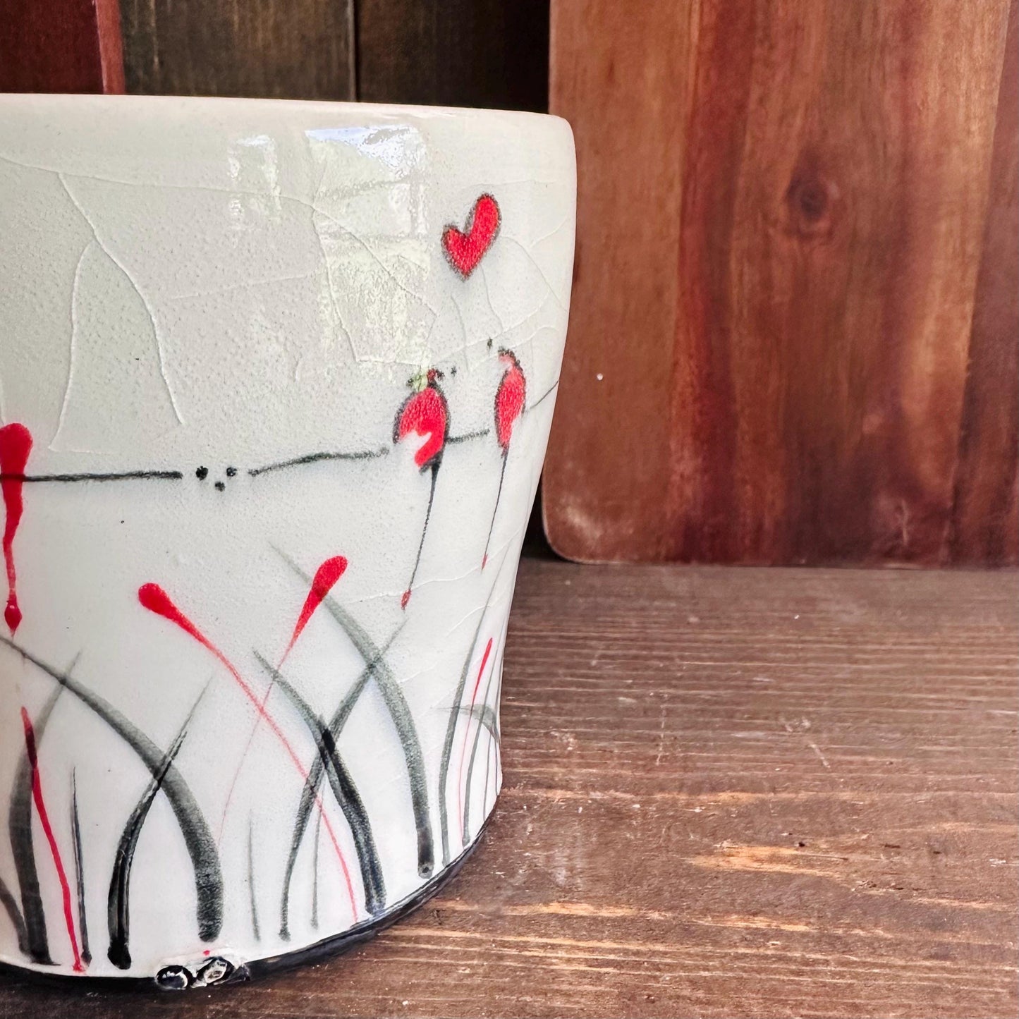 Ceramic Planter Pottery Handmade Bird on a Wire Prairie Grass M2564