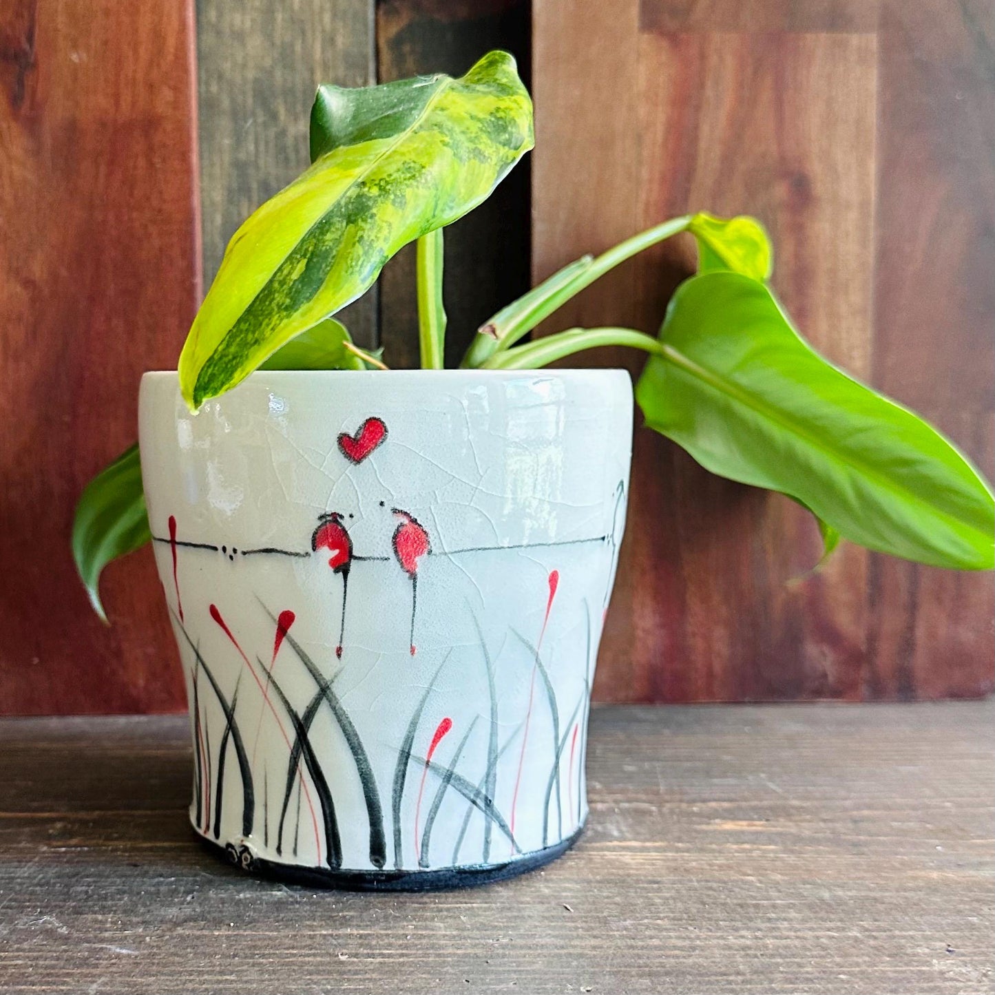 Ceramic Planter Pottery Handmade Bird on a Wire Prairie Grass M2564