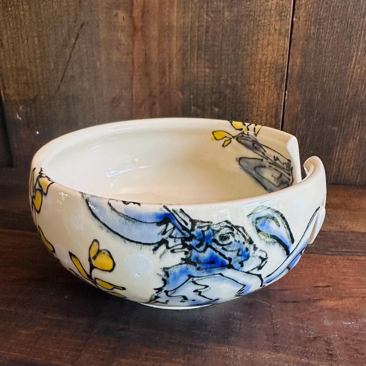Yarn Bowl Hand Painted Boxing Rabbits Knitting Bowl Bunny Art M2523