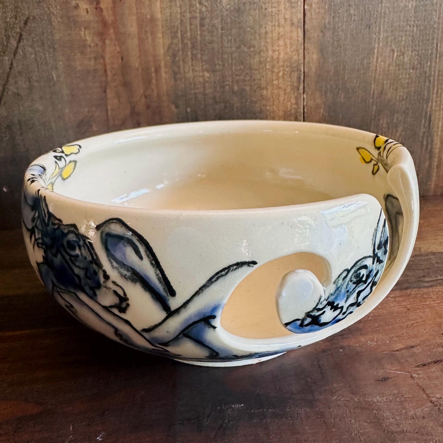 Yarn Bowl Hand Painted Boxing Rabbits Knitting Bowl Bunny Art M2523