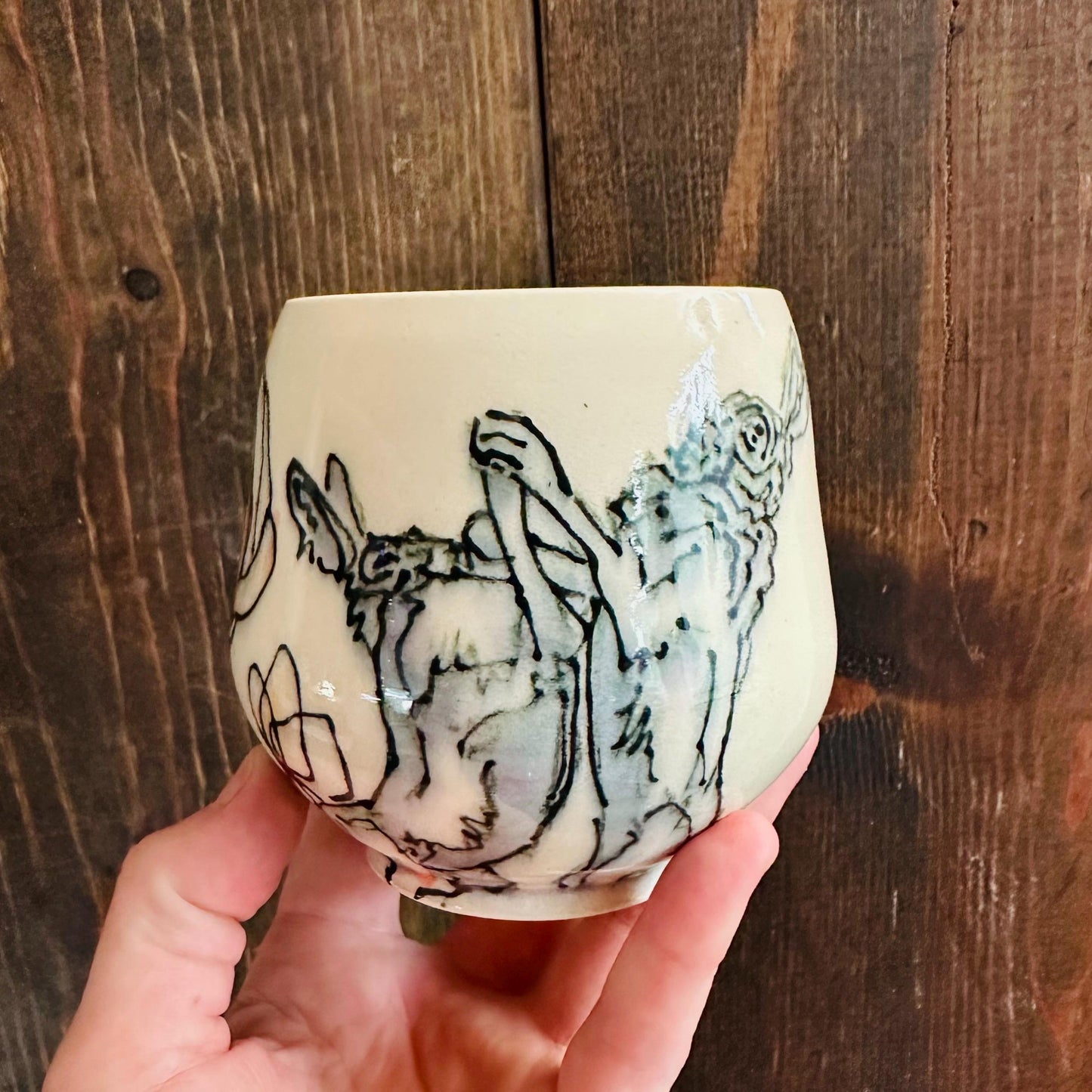 Yunomi Cup Boxing Hare Rabbit Tulip Ceramic Mug Handmade M2535