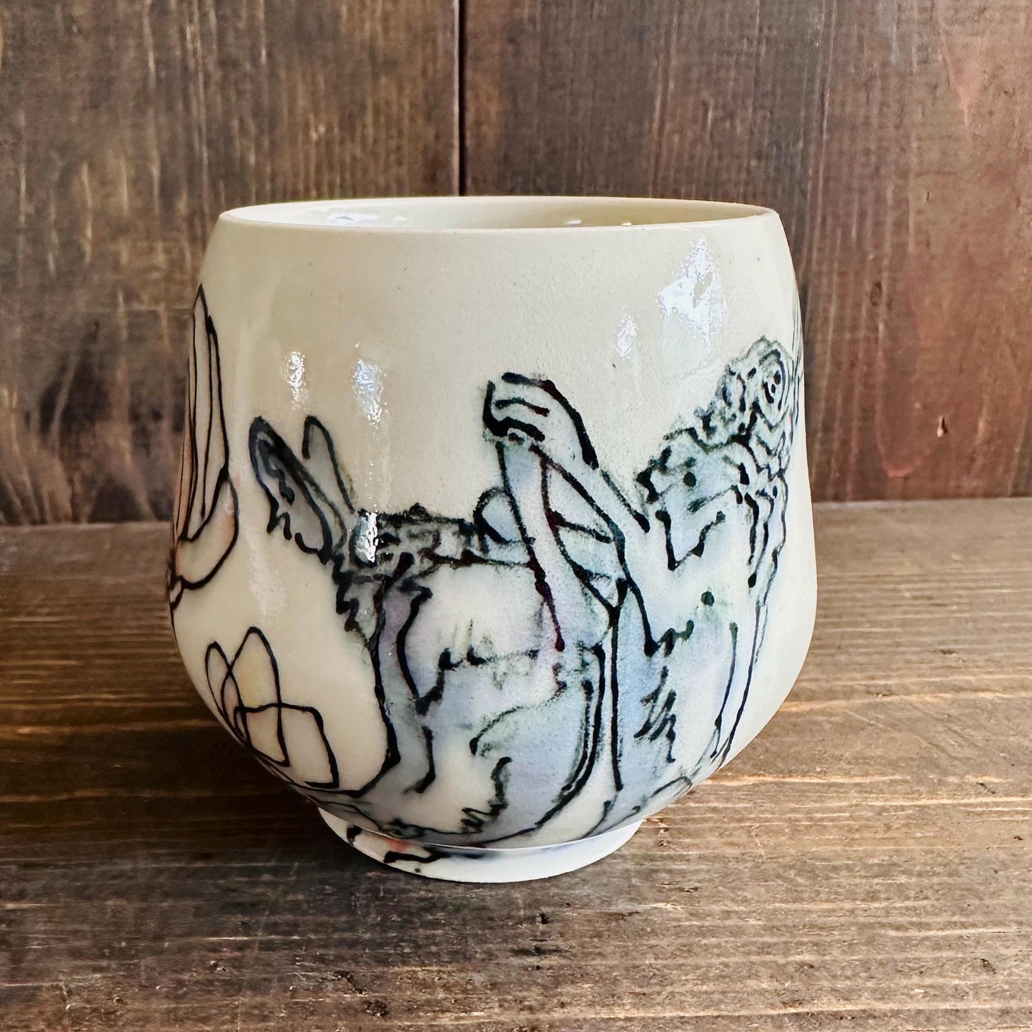 Yunomi Cup Boxing Hare Rabbit Tulip Ceramic Mug Handmade M2535