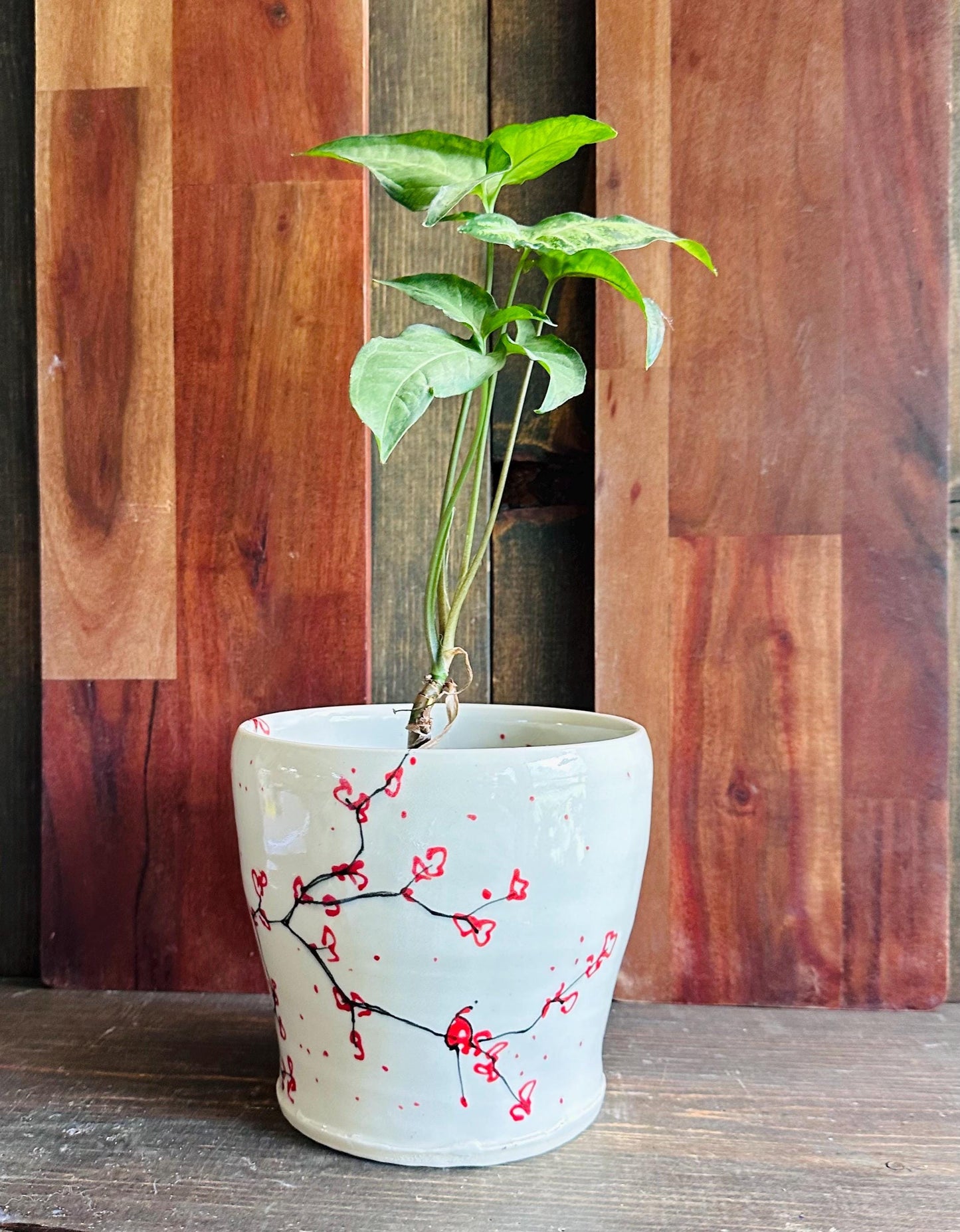 Ceramic Planter Pottery Handmade Cherry Blossom Red Flower M2559