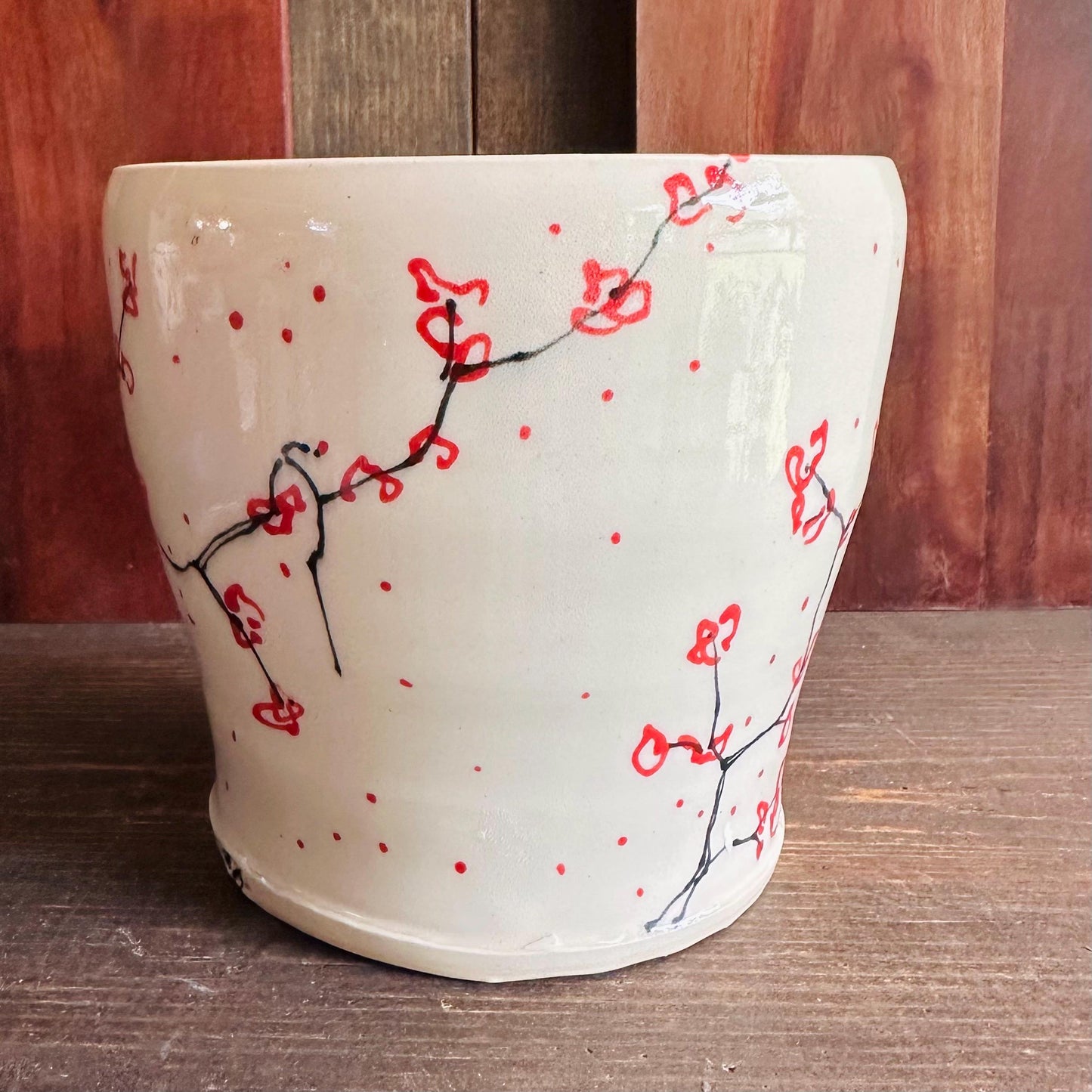 Ceramic Planter Pottery Handmade Cherry Blossom Red Flower M2559