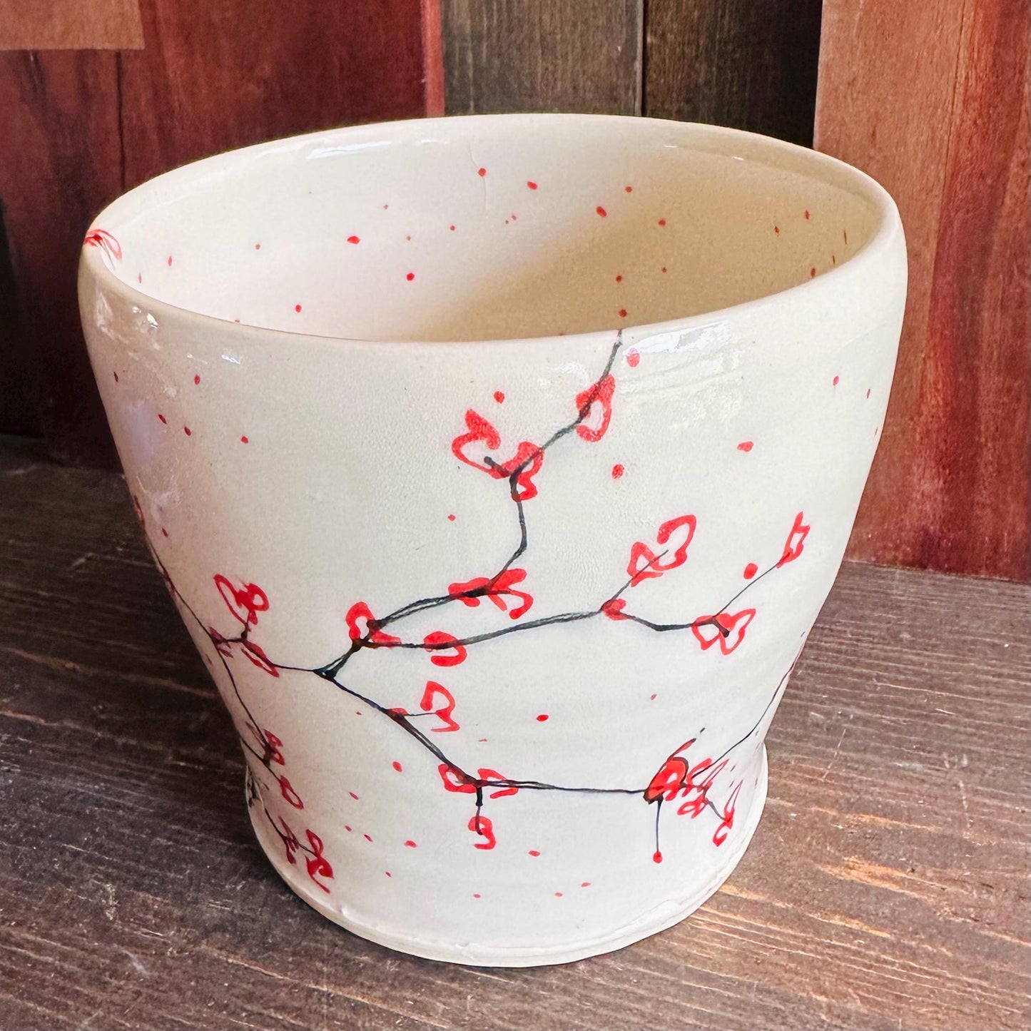 Ceramic Planter Pottery Handmade Cherry Blossom Red Flower M2559