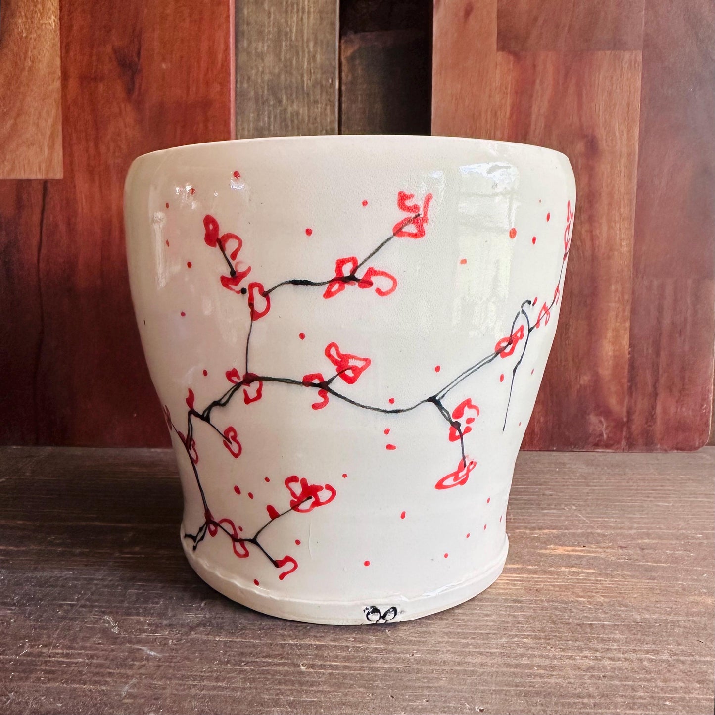 Ceramic Planter Pottery Handmade Cherry Blossom Red Flower M2559