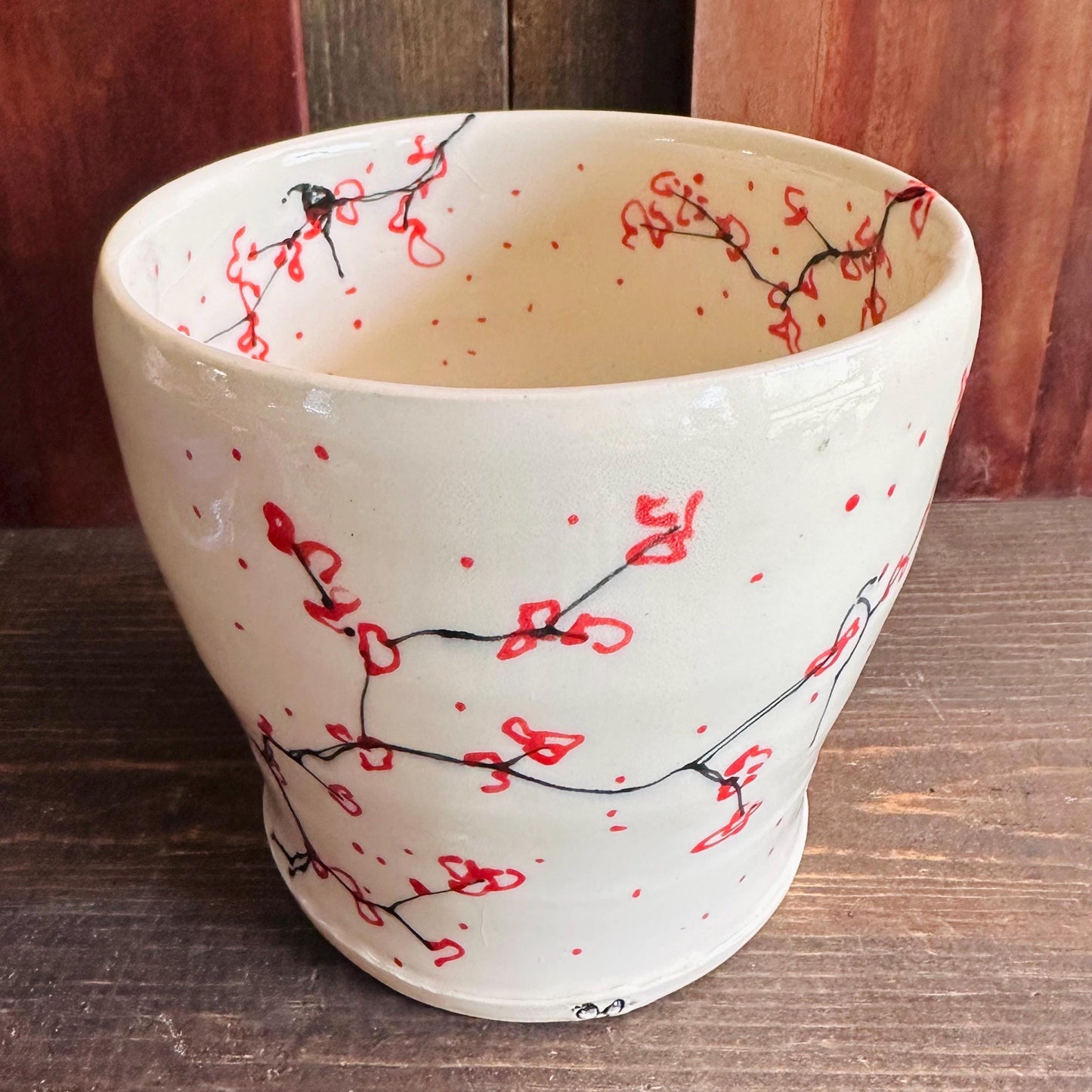 Ceramic Planter Pottery Handmade Cherry Blossom Red Flower M2559