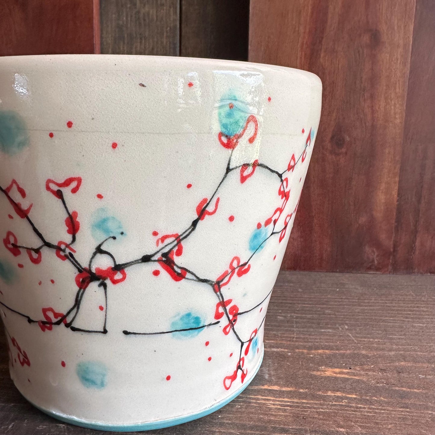 Ceramic Planter Pottery Handmade Cherry Blossom Red Flower Turquoise M2560