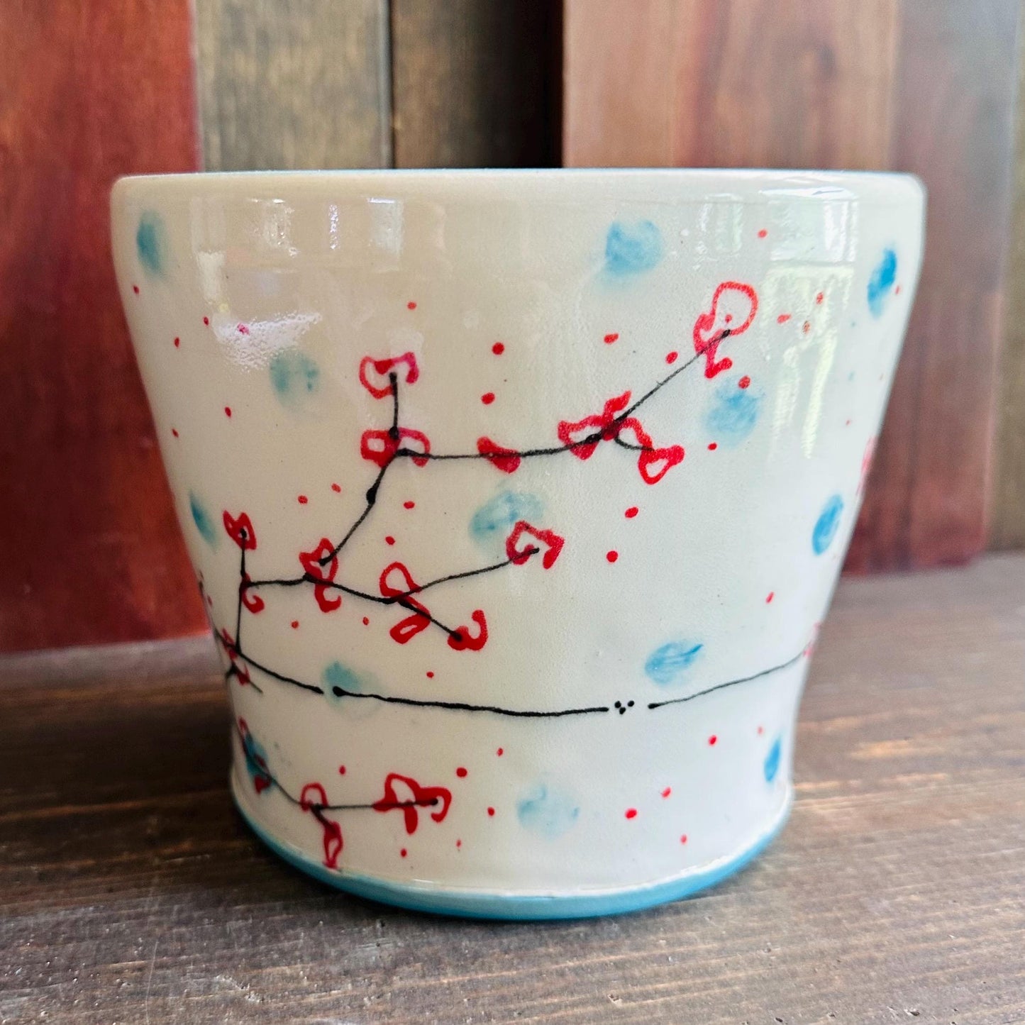 Ceramic Planter Pottery Handmade Cherry Blossom Red Flower Turquoise M2560
