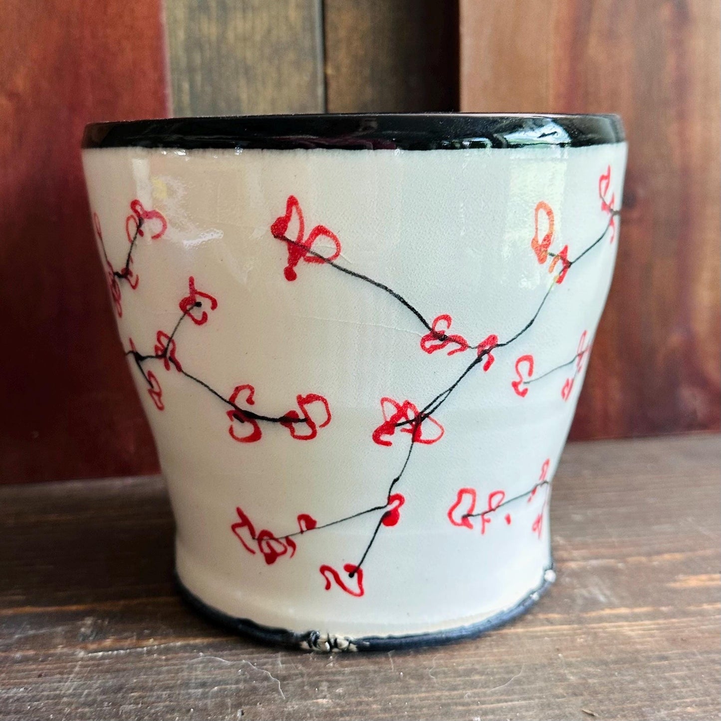 Ceramic Planter Pottery Handmade Cherry Blossom Red Flower M2561