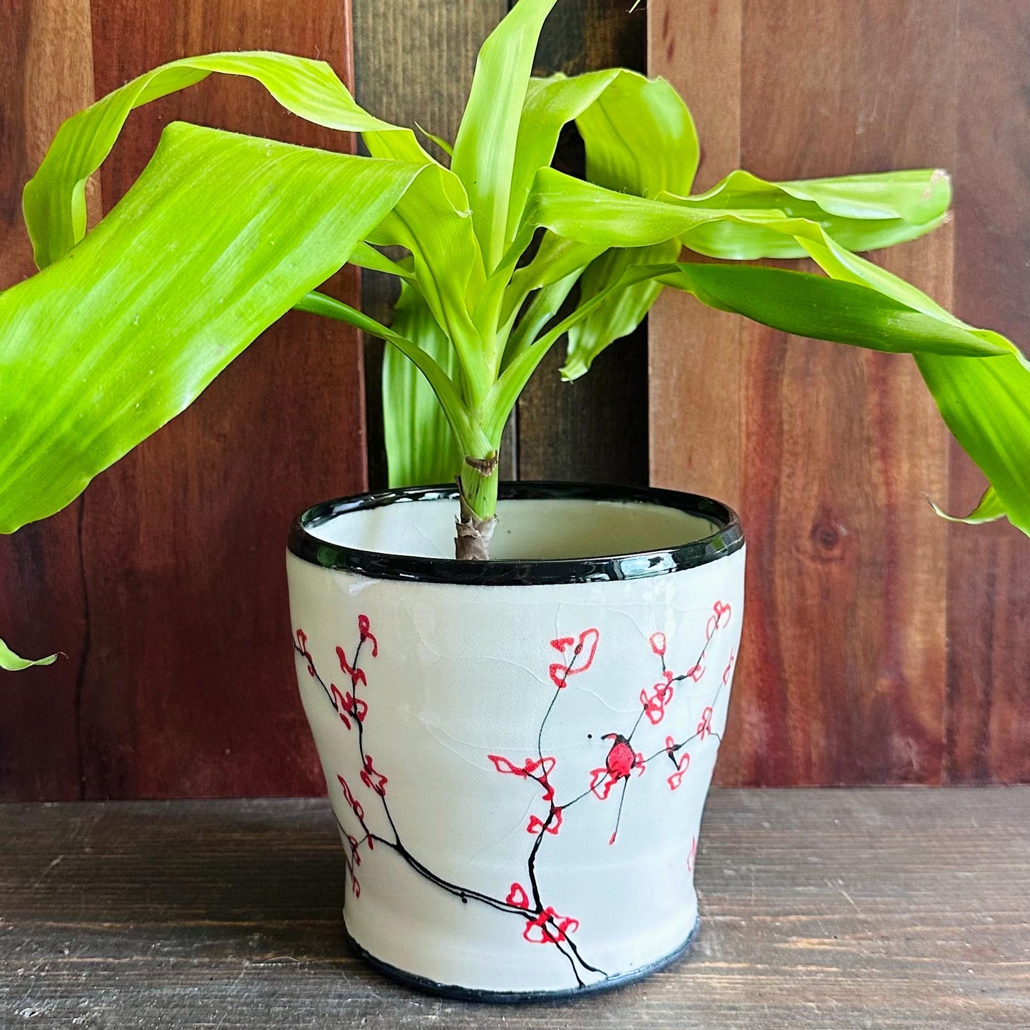 Ceramic Planter Pottery Handmade Cherry Blossom Red Flower M2561