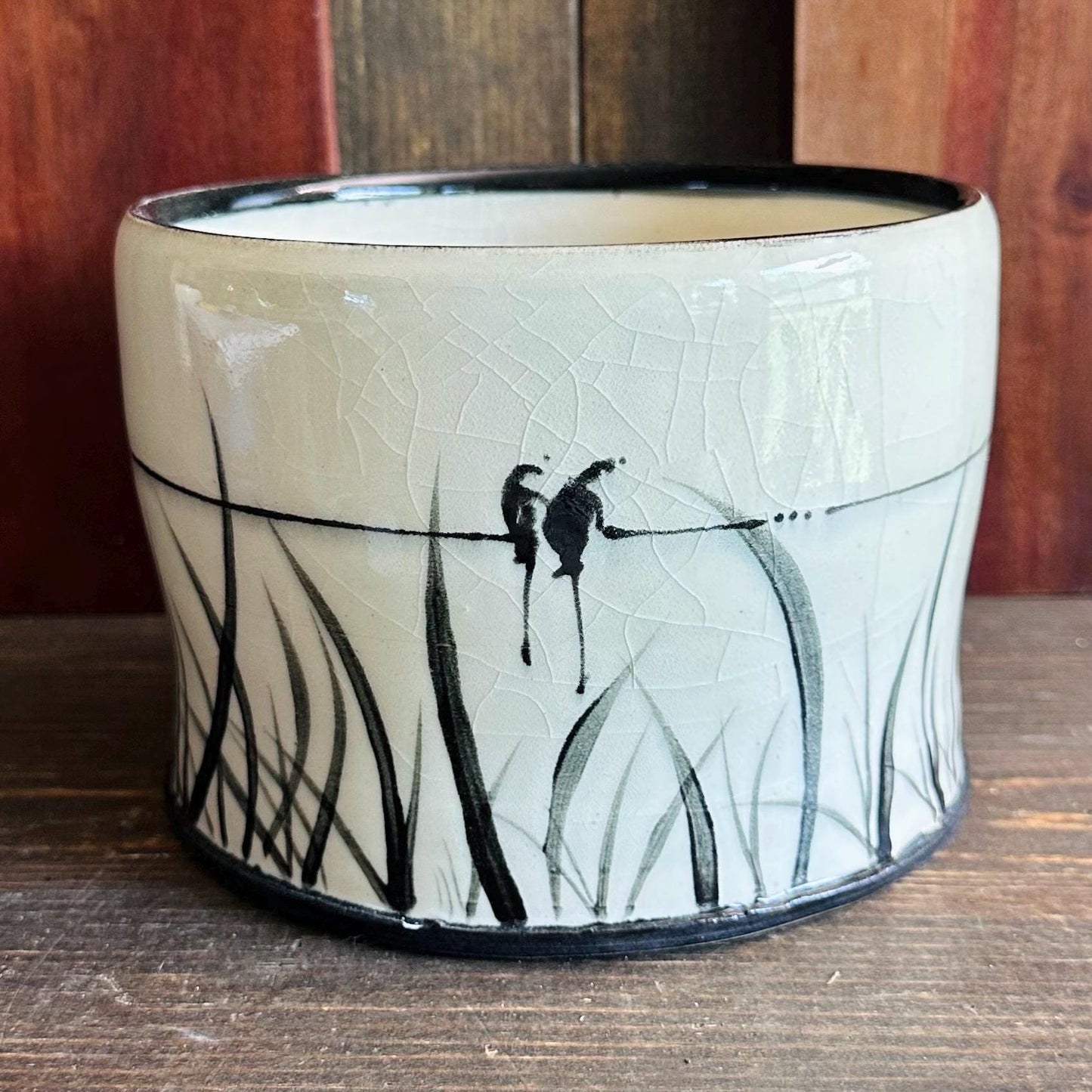 Ceramic Planter Pottery Handmade Bird on a Wire Prairie Grass M2562