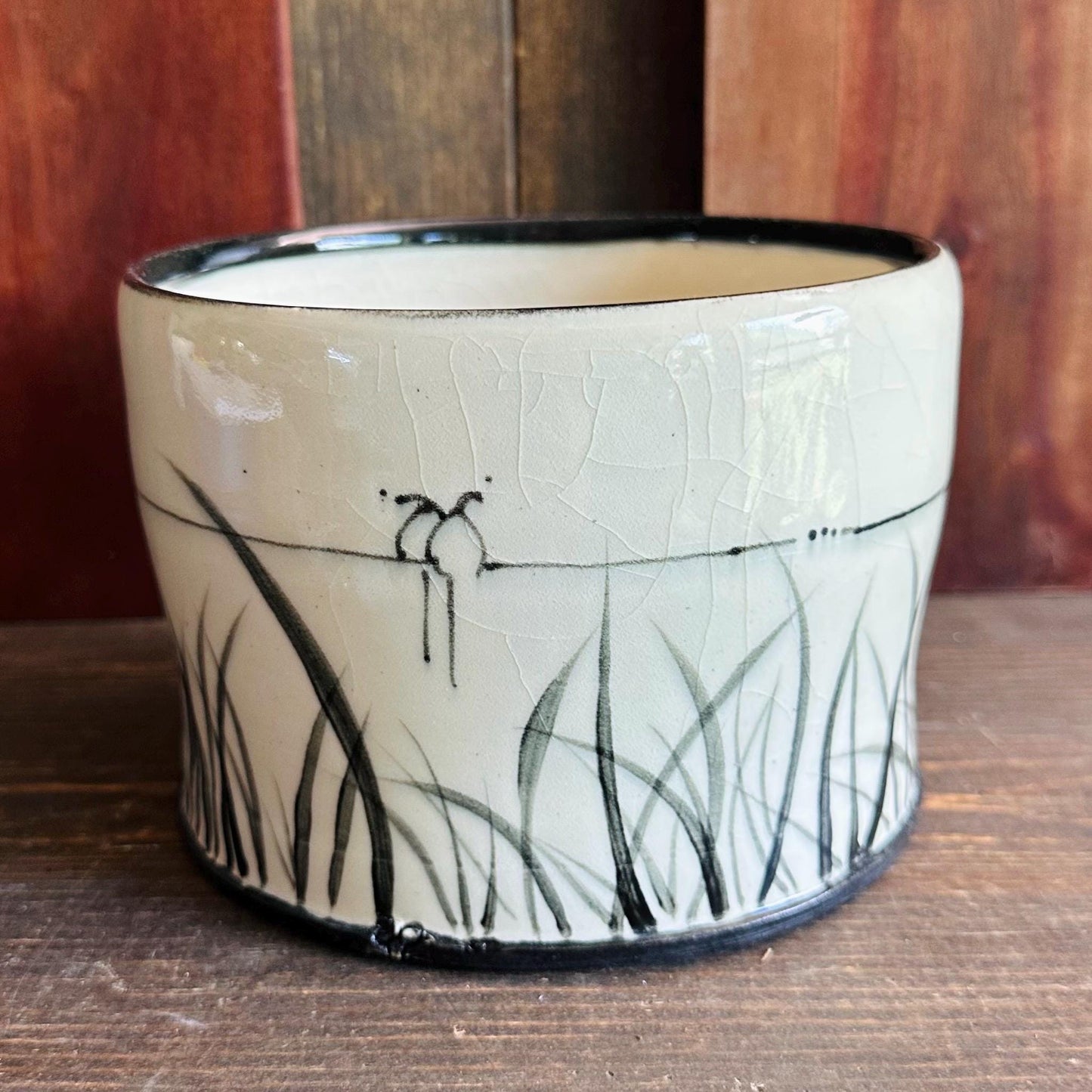 Ceramic Planter Pottery Handmade Bird on a Wire Prairie Grass M2562