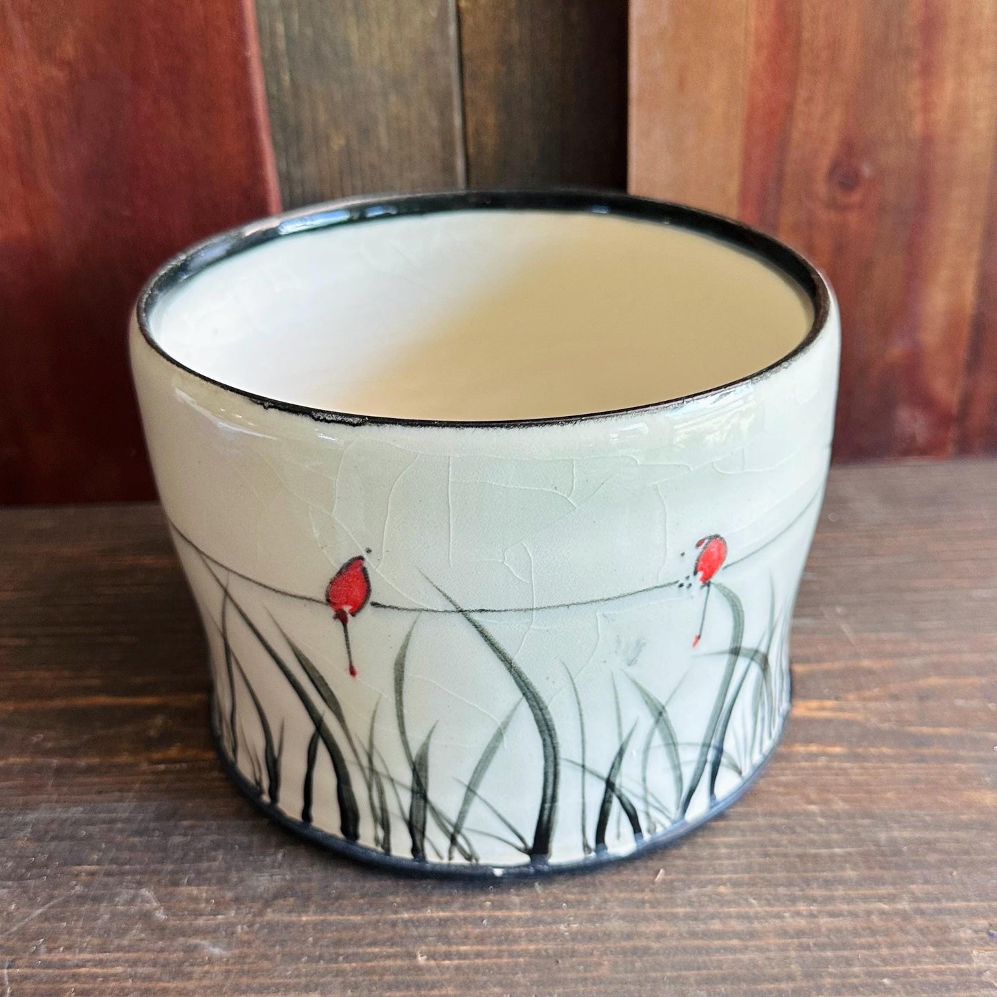 Ceramic Planter Pottery Handmade Bird on a Wire Prairie Grass M2562