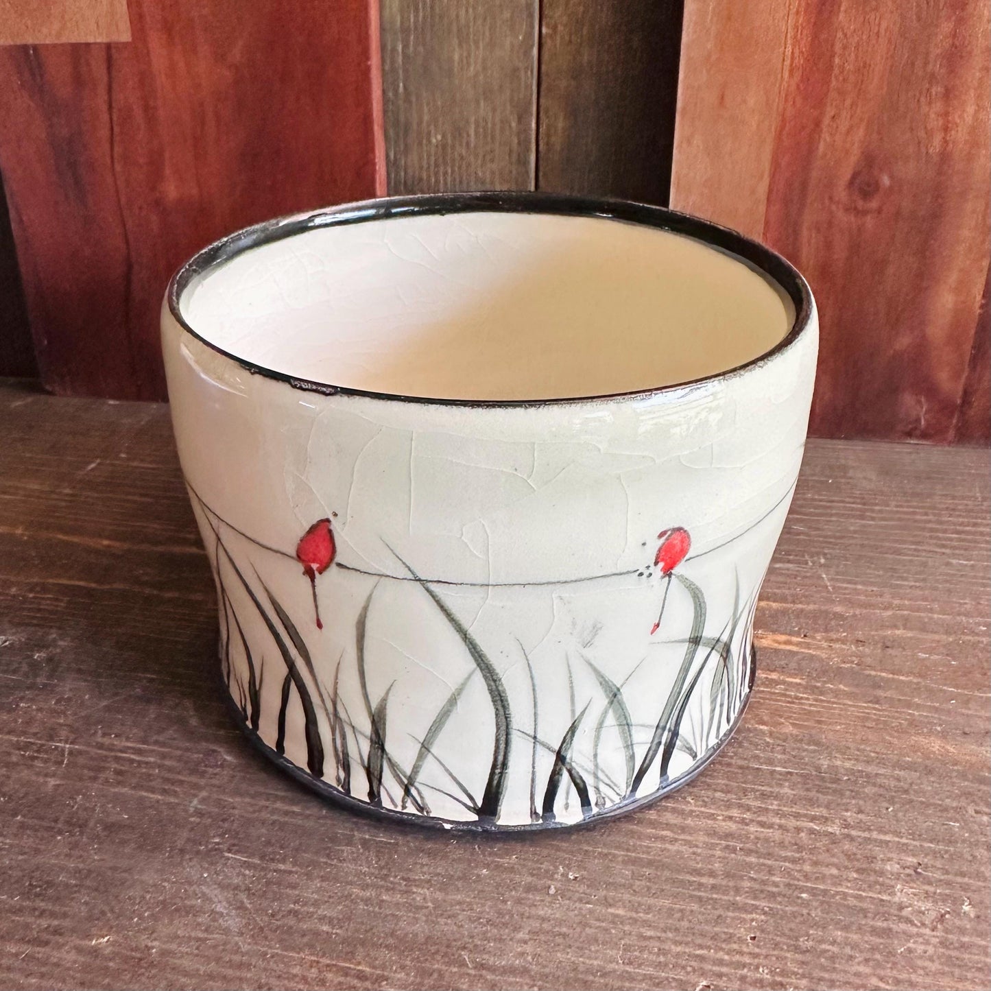 Ceramic Planter Pottery Handmade Bird on a Wire Prairie Grass M2562