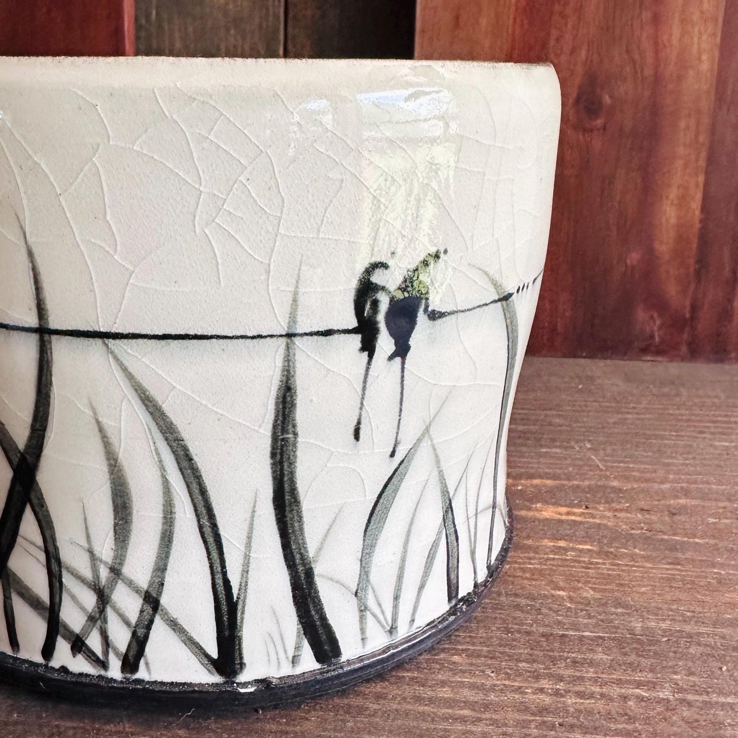 Ceramic Planter Pottery Handmade Bird on a Wire Prairie Grass M2562