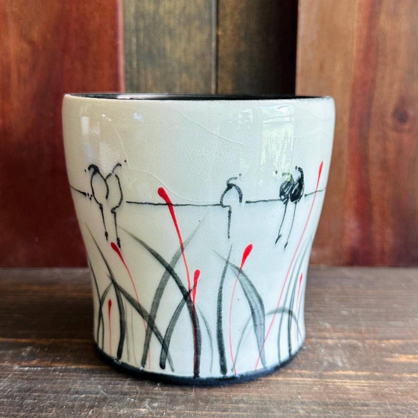 Ceramic Planter Pottery Handmade Bird on a Wire Prairie Grass M2564