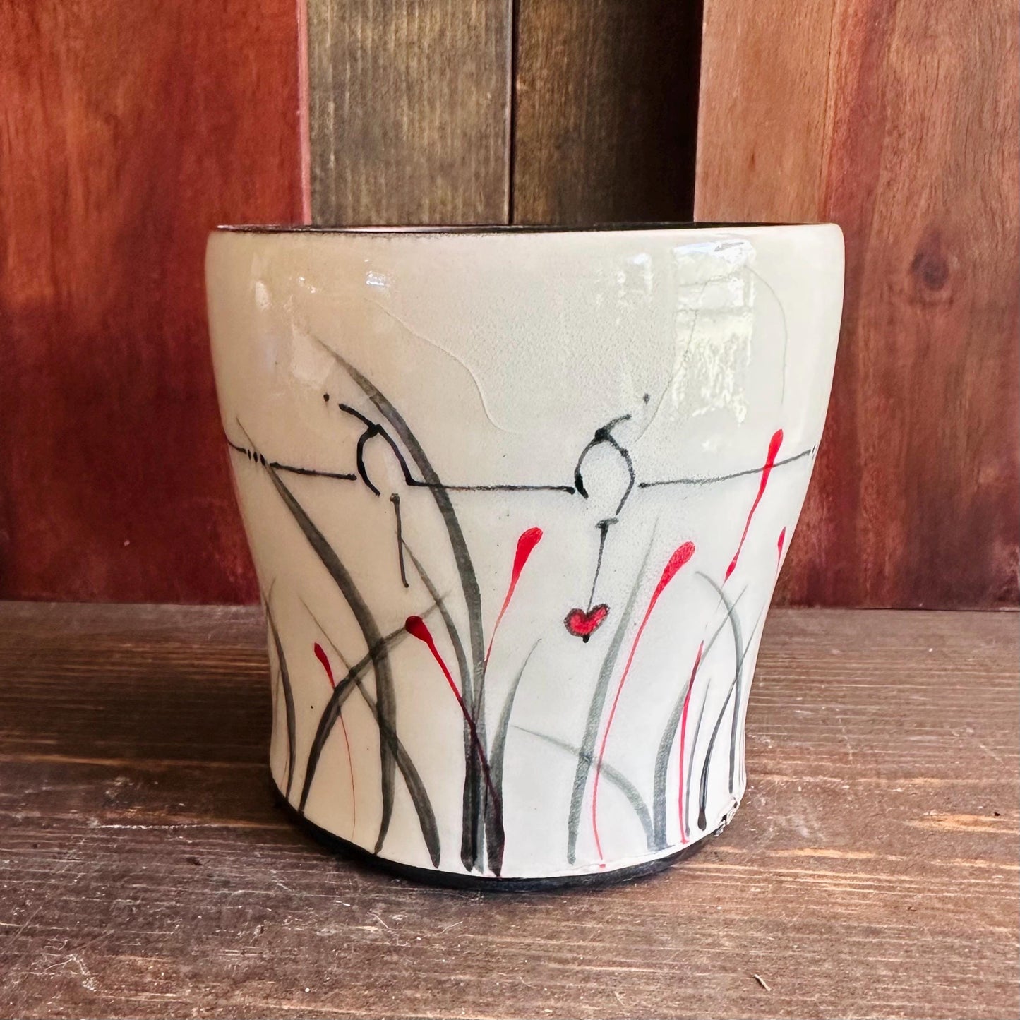 Ceramic Planter Pottery Handmade Bird on a Wire Prairie Grass M2564