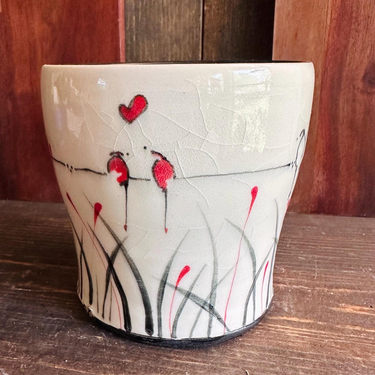 Ceramic Planter Pottery Handmade Bird on a Wire Prairie Grass M2564