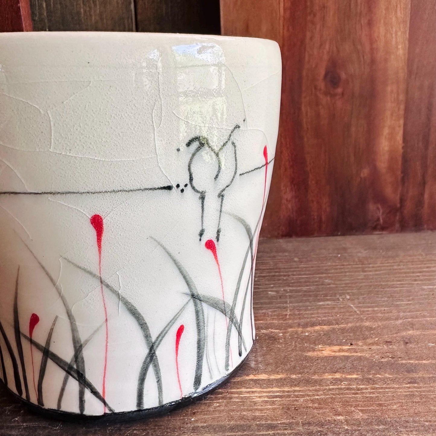 Ceramic Planter Pottery Handmade Bird on a Wire Prairie Grass M2564