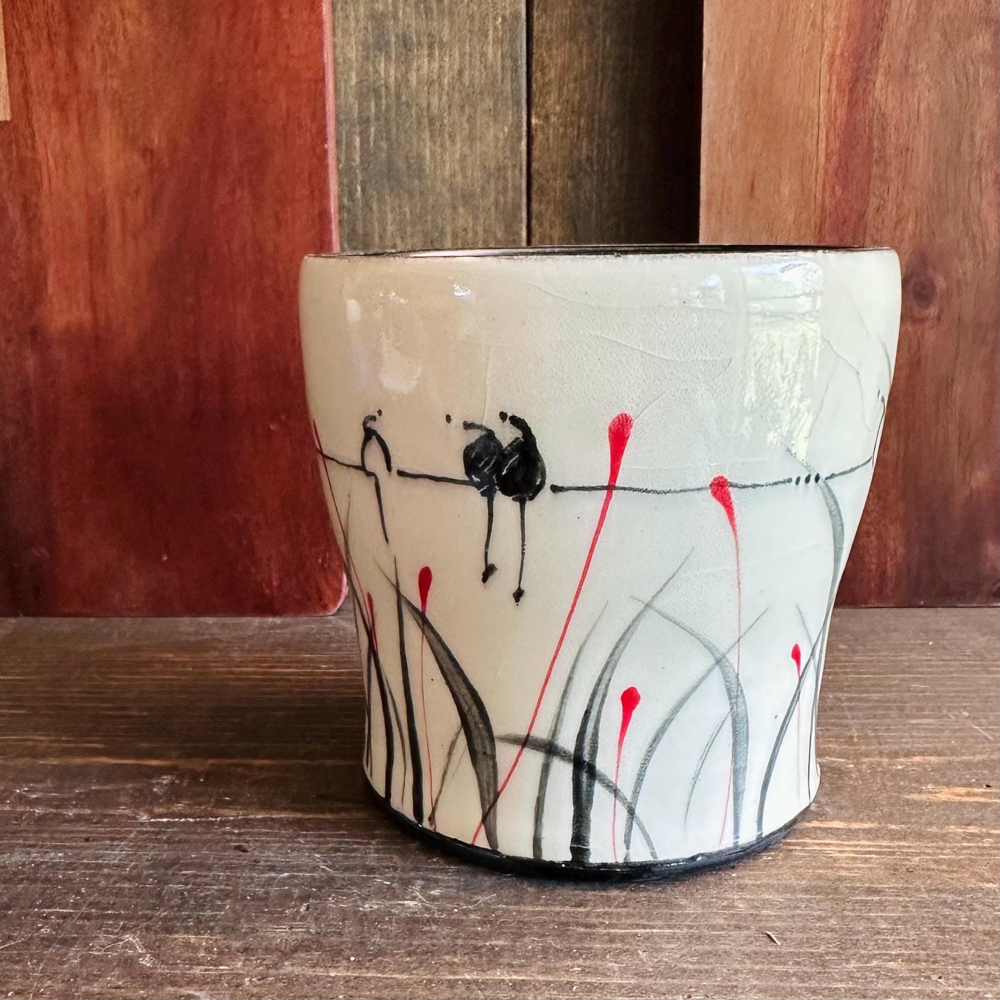 Ceramic Planter Pottery Handmade Bird on a Wire Prairie Grass M2564