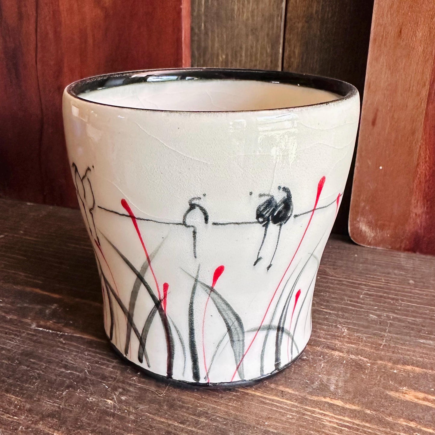 Ceramic Planter Pottery Handmade Bird on a Wire Prairie Grass M2564