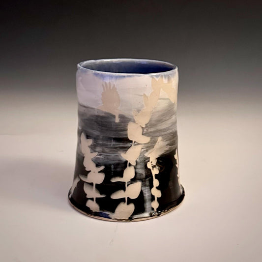 Ceramic Cup Mug Handleless Mug Stoneware Clay Cup Mug Aspen Leaves Black and White A2412