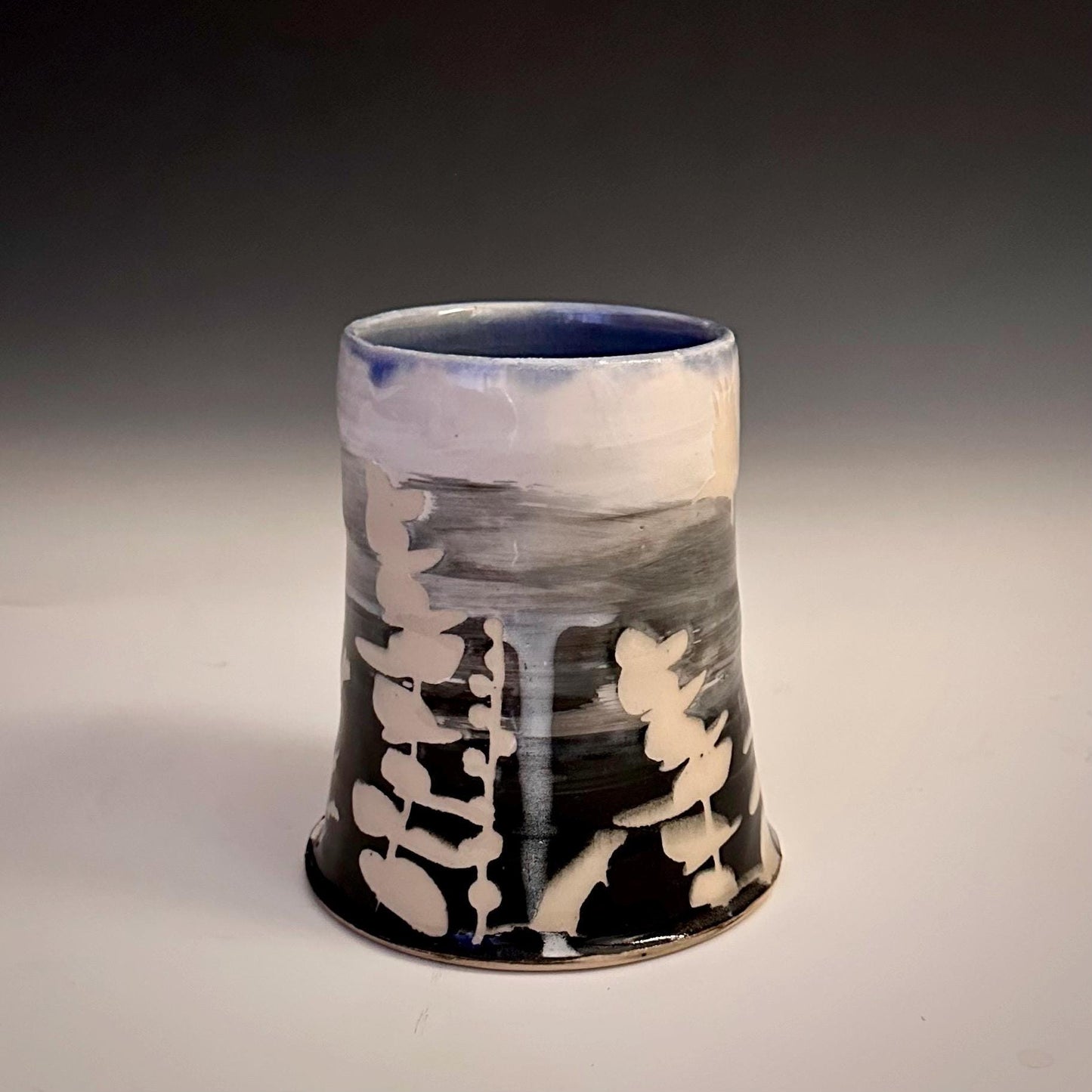 Ceramic Cup Mug Handleless Mug Stoneware Clay Cup Mug Aspen Leaves Black and White A2412