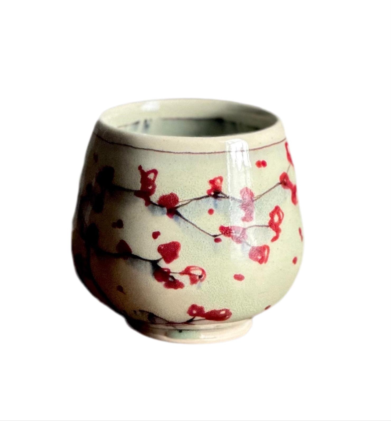 Ceramic Stoneware Cup Handleless Mug Tumbler Wine Glass Red Bird Cherry Blossom Yunomi Teacup Tumbler A2416