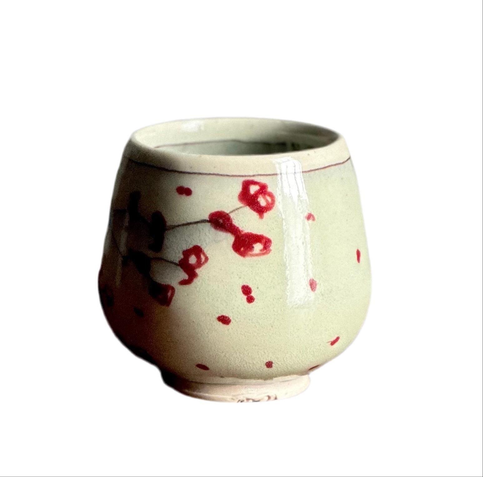 Ceramic Stoneware Cup Handleless Mug Tumbler Wine Glass Red Bird Cherry Blossom Yunomi Teacup Tumbler A2416