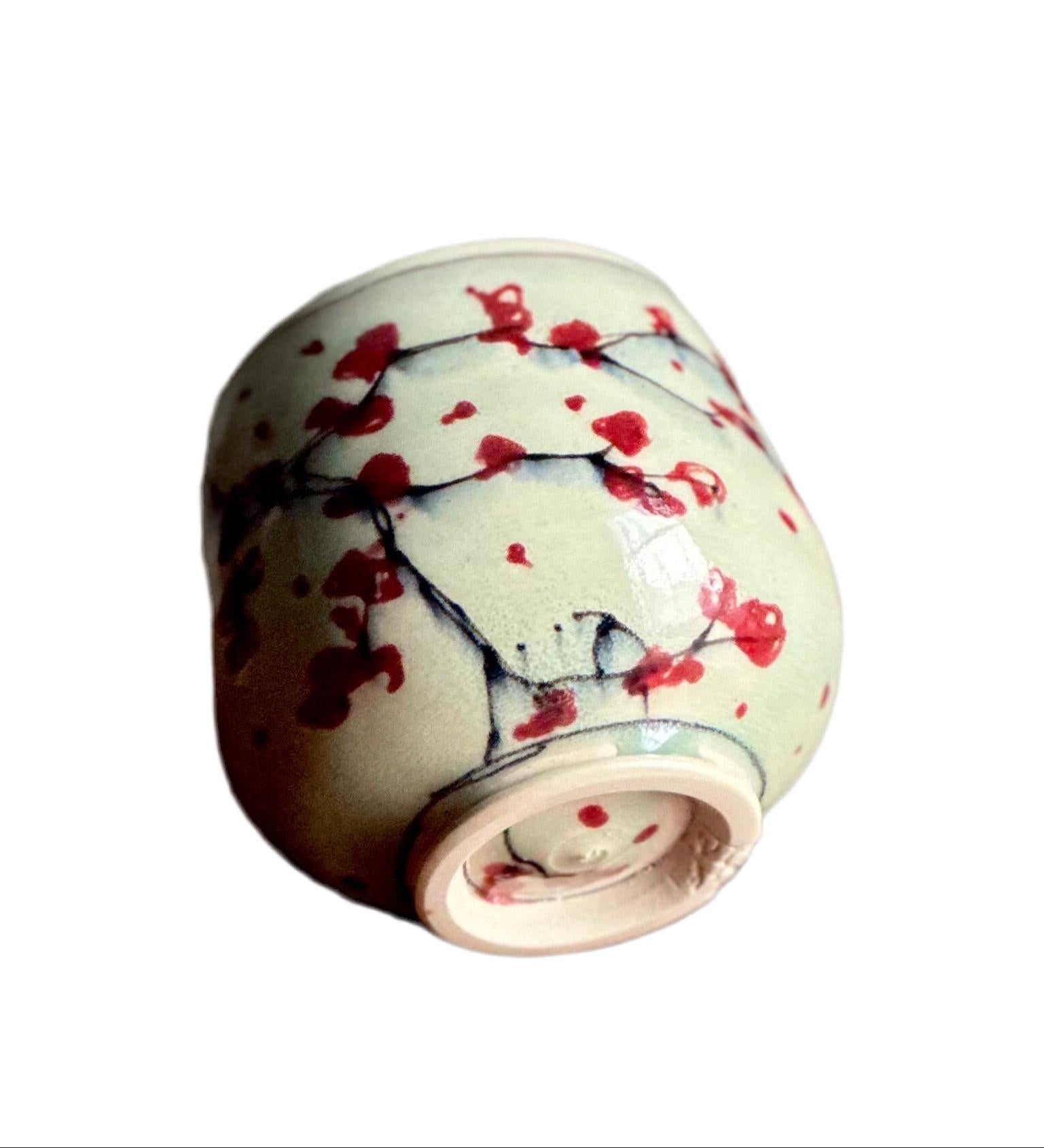 Ceramic Stoneware Cup Handleless Mug Tumbler Wine Glass Red Bird Cherry Blossom Yunomi Teacup Tumbler A2416