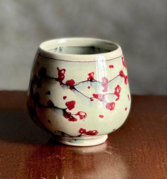 Ceramic Stoneware Cup Handleless Mug Tumbler Wine Glass Red Bird Cherry Blossom Yunomi Teacup Tumbler A2416