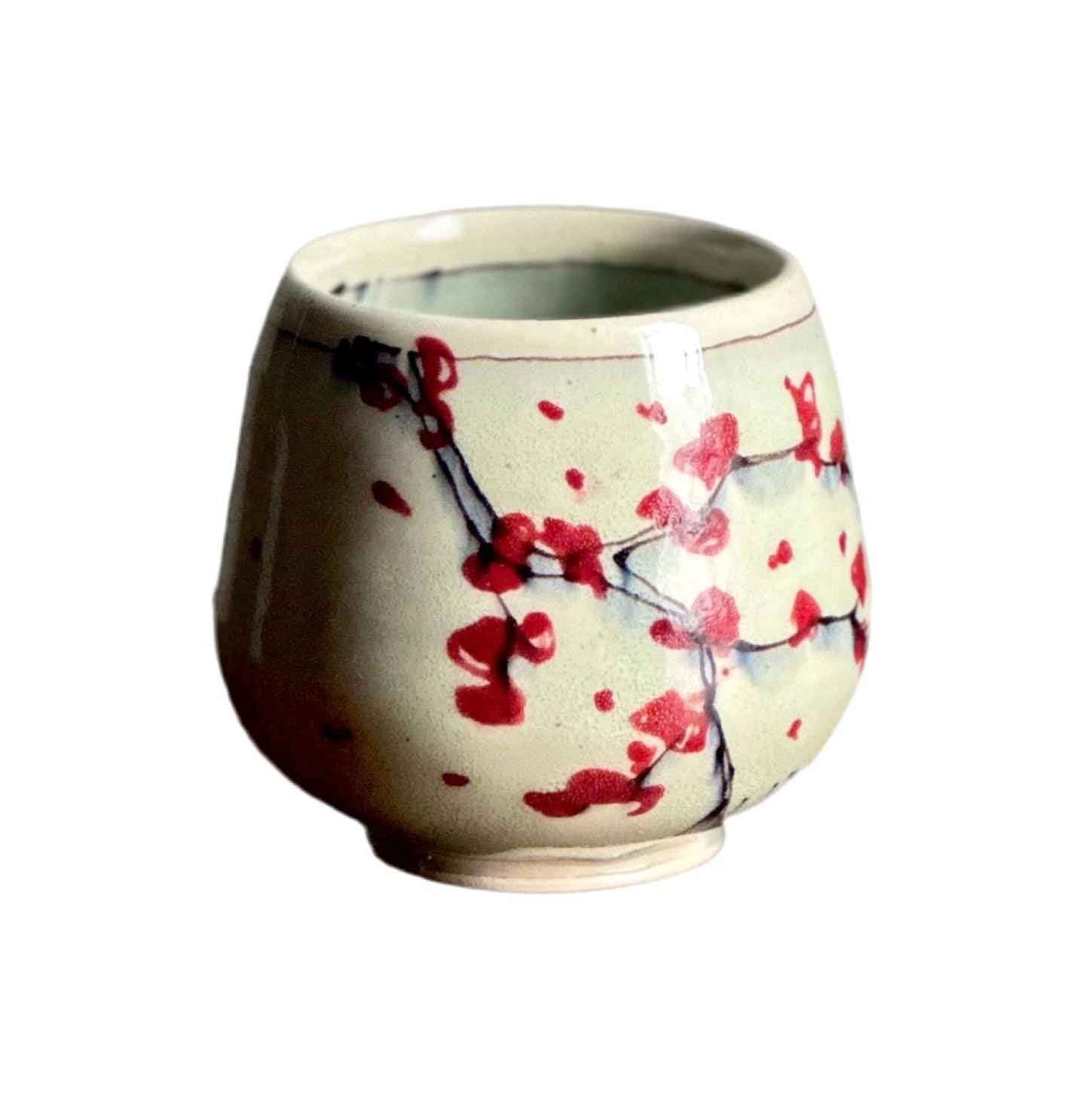 Ceramic Stoneware Cup Handleless Mug Tumbler Wine Glass Red Bird Cherry Blossom Yunomi Teacup Tumbler A2416