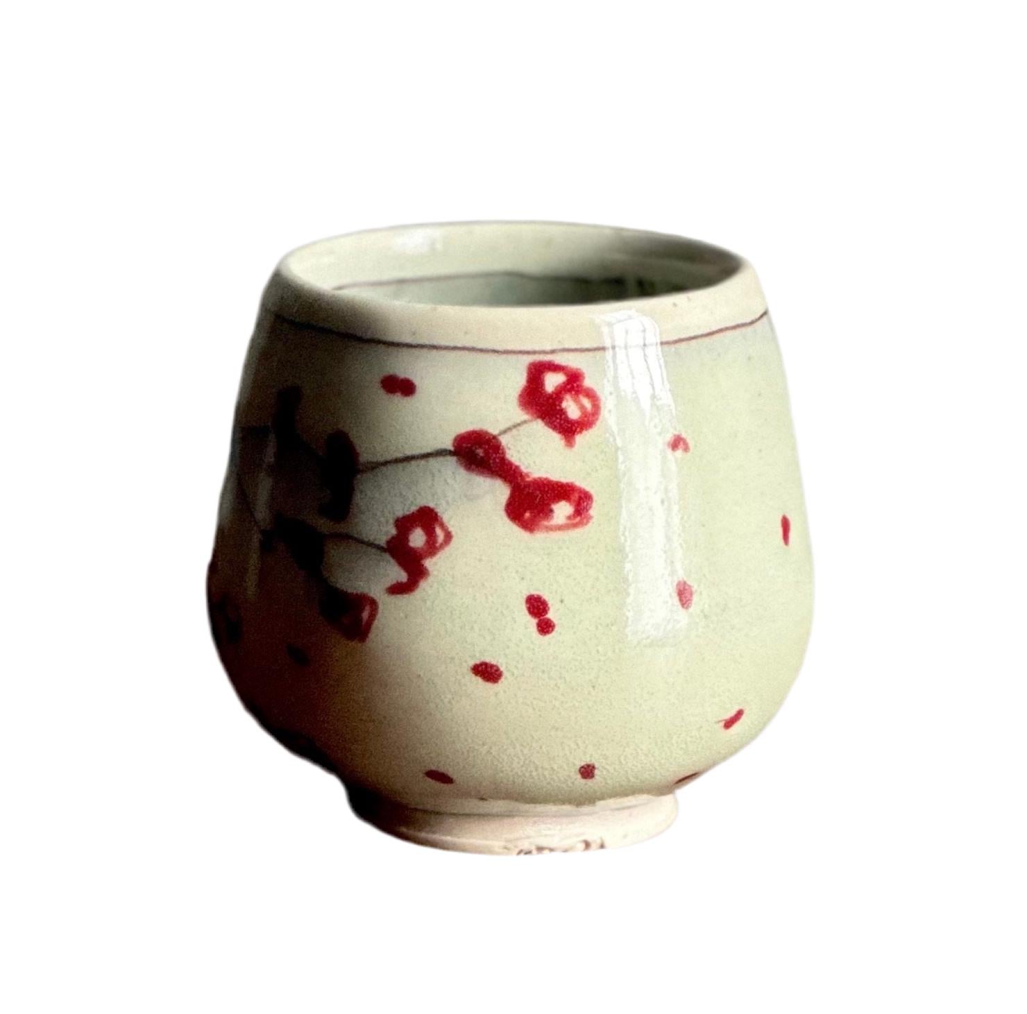 Ceramic Stoneware Cup Handleless Mug Tumbler Wine Glass Red Bird Cherry Blossom Yunomi Teacup Tumbler A2416