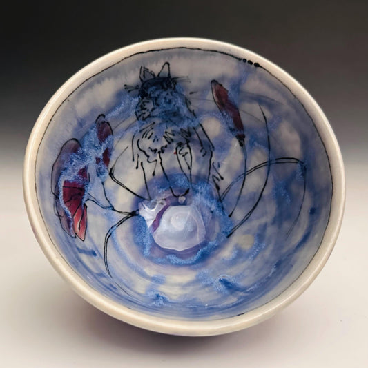 Painted Bunny Bowl Poppies and Rainy Blue Glaze Ceramic  Bowl oct012