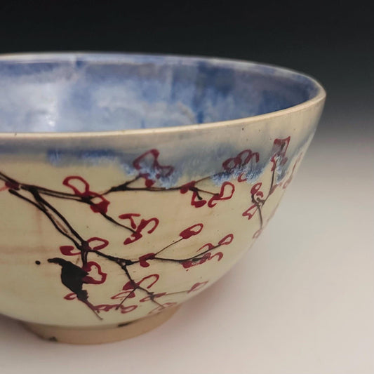 Large Serving Bowl,  Cherry Blossom Design Blue Glaze Fruit Bowl Oct020