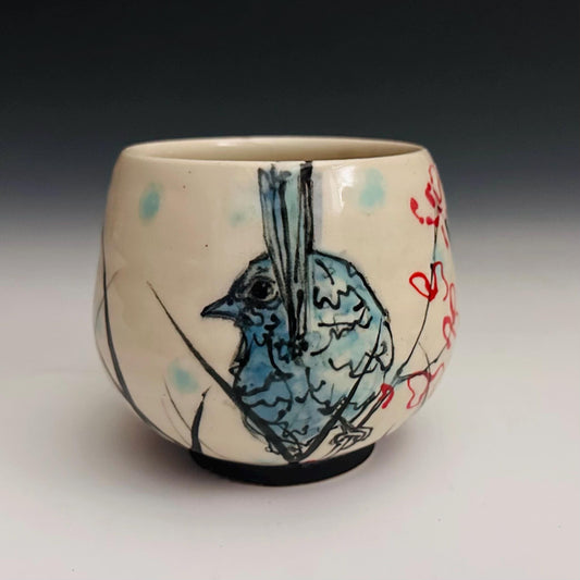 Ceramic Cup Fairy Wren , Bird  Illustration Polka Dots Yunomi oct004