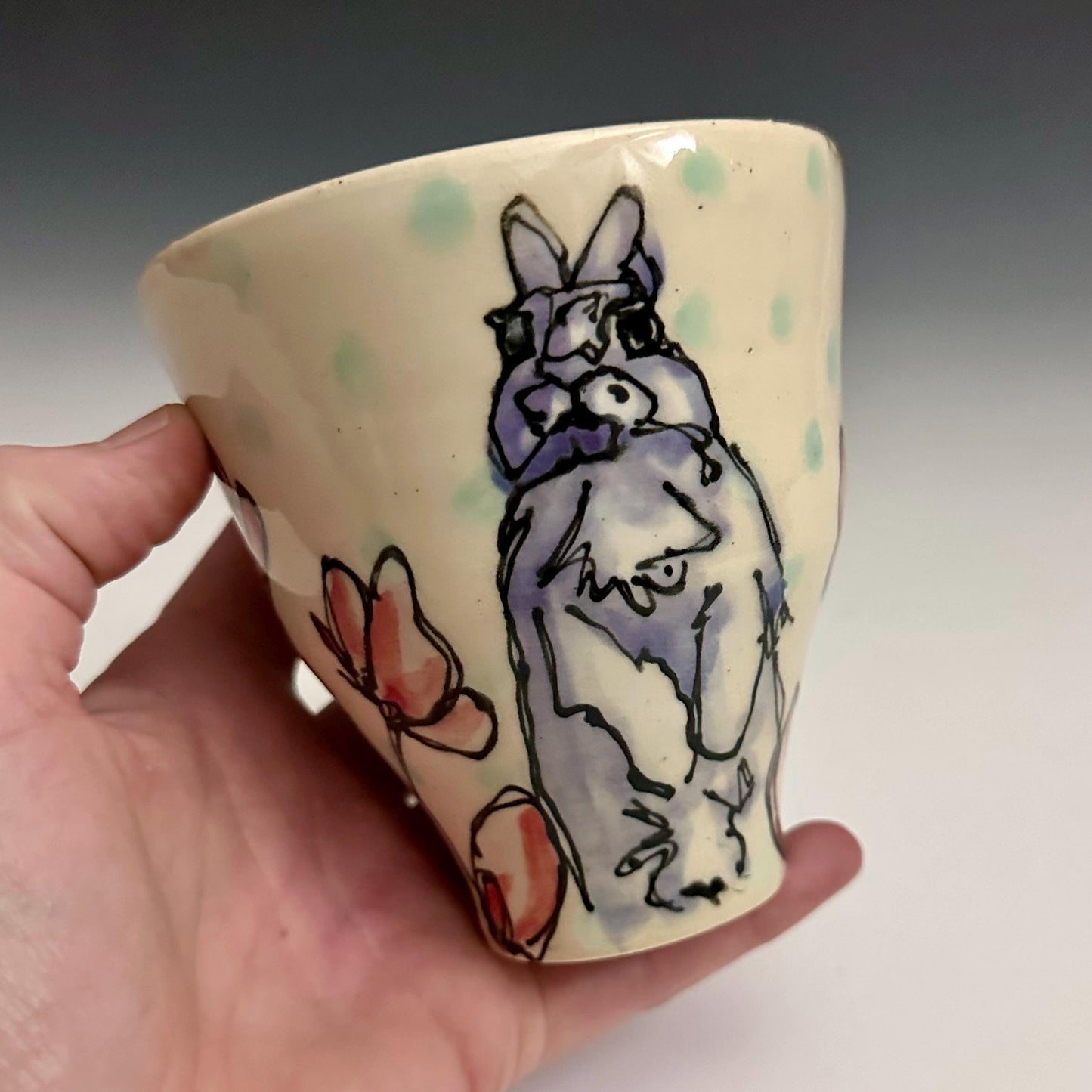 Bunny Poppy Cup Ceramic Glass A2434 Hand Painted Cute Bunny