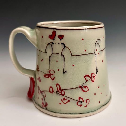 Little Bird on a Wire Love Coffee Cup Stoneware Mug Handmade Pottery Mug Red Cherry Blossom Polka Dots NO301
